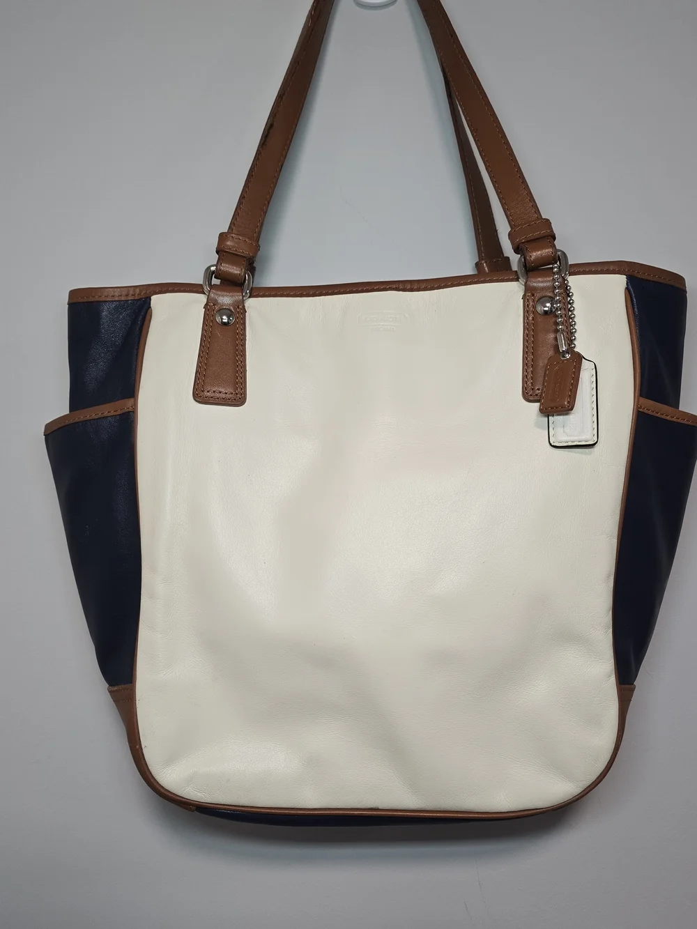 Coach Cream and Navy Tote with Brown Trim